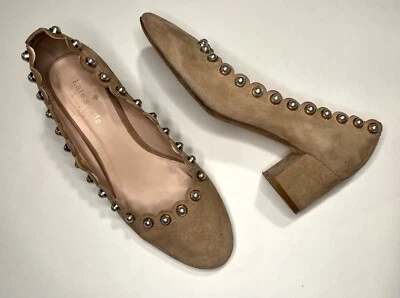 Hermosos tacones Kate Spade para mujer de gamuza tostada bloque de perlas talla 7,5 M Foto 1 de 4