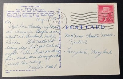 Groveland, Florida Post Card mailed Aug 18, 1956 to Taneytown, MD - FL - Image 1 of 2