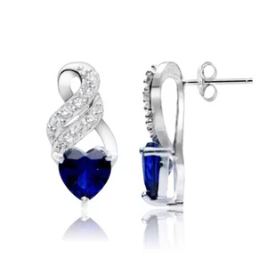 Sterlingsilber kreierte Saphir & weißer Topas Herz DoubleTwist Ohrringe