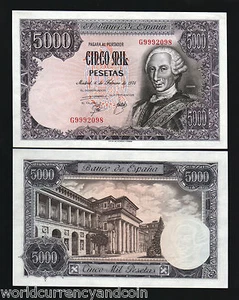 SPAIN 5000 5,000 PESETAS P-155 1976 EURO KING CARLOS III UNC CURRENCY MONEY NOTE - Picture 1 of 1