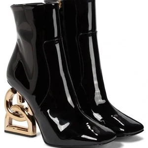 Dolce & Gabbana Jackie Boots Women 39 Shiny Gold Logo Sculpted Heel Designer New - Picture 1 of 12
