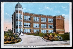 Johnson City New York 1945 antike Leinen alte Postkarte NY High School Gebäude - Bild 1 von 2