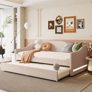 Full/Twin Size Daybed w/Trundle, LED Sofa, Upholstered Platform Bed, Guest Bed - Picture 1 of 18
