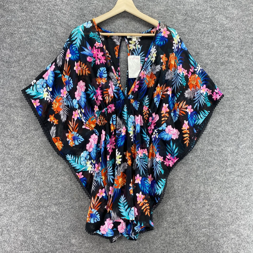 New Miken Covering Top Women L Large Black Floral V-Neck Kimono 3/4 Sleeve Swim - Image 1 of 4