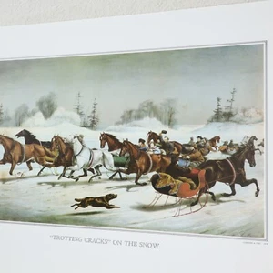 Currier & Ives stampa vintage trotto crepe sul cavallo di neve inverno lith art decoro - Foto 1 di 7