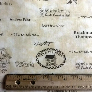 Moda Challenge Collection Fabric Cotton 44" BTY Brown company names Gold white - Picture 1 of 2