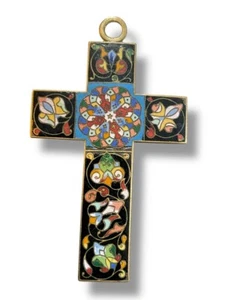 Antique Polychrome Enamel Cross Pendant Art Nouveau Floral Religious Jewelry 19C - Picture 1 of 12