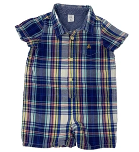 Baby Gap Boys 12-18 Months Blue Aqua Yellow Plaid Logo Short Romper - Picture 1 of 6