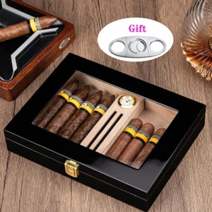 Cigar Humidor Cedar Glass Top Storage Box Holder Hygrometer Humidifier Gift - Picture 1 of 9