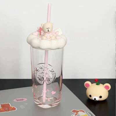 Copo Starbucks roxo rosa urso triangular copo com palha copo de vidro gradiente 470ml - Imagem 1 de 4