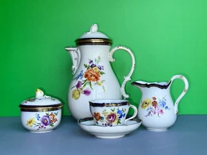 7pc Meissen Porcelain Cobalt Gold Tea/Coffee Pot Creamer Cup Saucer Sugar Bowl - Picture 1 of 24