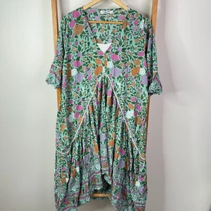Vine Apparel Dress Womens M/L Green Floral Print Laguna Midi V-Neck Lace Trim - Picture 1 of 11