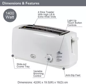 Quest 4 Slice Toaster Extra Wide Long Slots for Crumpets and Bagels -6 set white - Picture 1 of 9