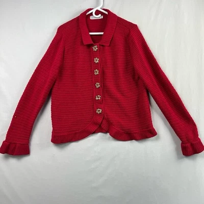 Cárdigan Suéter Mujer XL Rojo Volantes Floral Tejido Algodón EE. UU. Foto 1 de 4