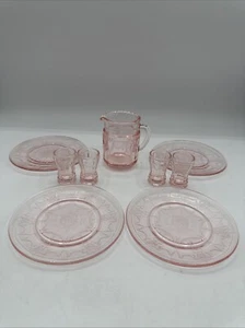 Vintage Mosser Glass Miniature Jennifer Pink Cameo Pitcher, 4 Tumblers, 4 Plates - Picture 1 of 20