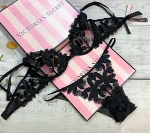Victoria's Secret LUXE Unlined Appliqué Embroidered Demi Brazilian Bra Set Black