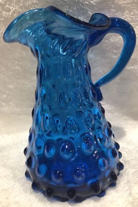 Hobbs Brockunier Hobnail Pitcher Sapphire Blue 5 3/4” H Glass 3 Way Pour - Picture 1 of 7