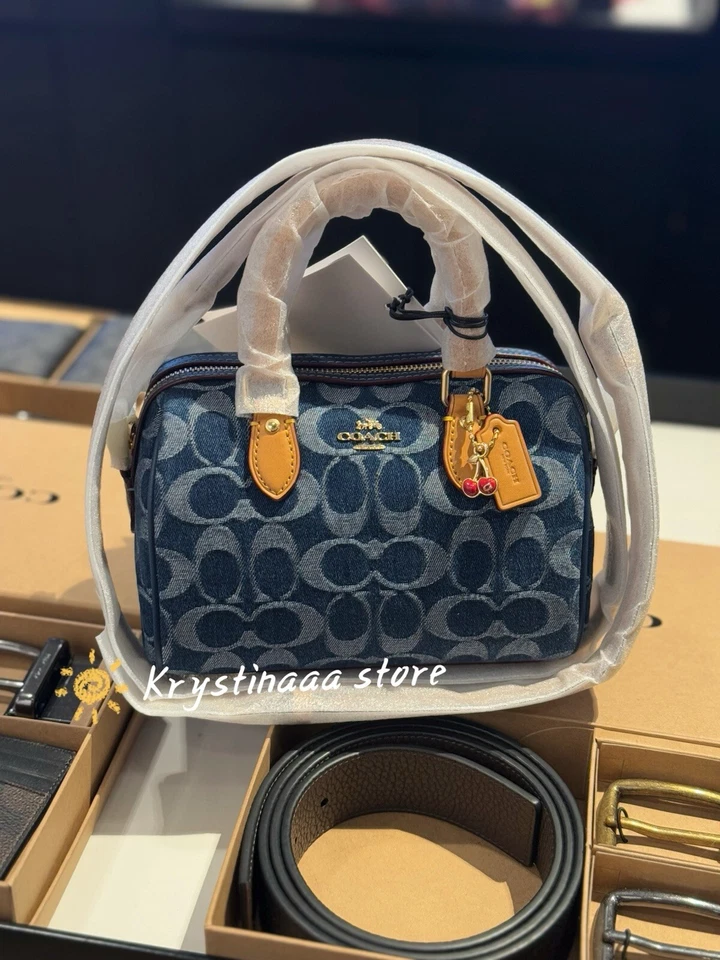 Coach Mini Rowan Crossbody Bag In Signature Denim CY742 with cherry charm