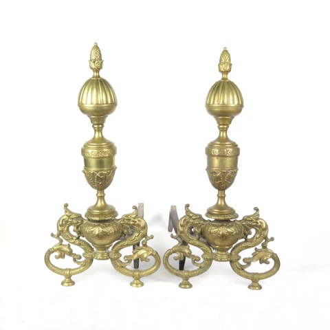 Antique Fireplace Andirons Brass Iron Serpent Motif Gold Hollywood Regency Cover