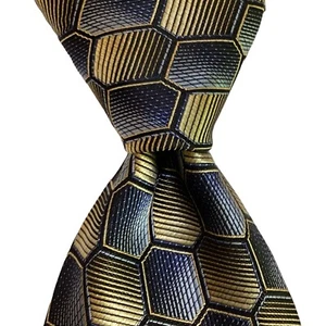 PLATINUM DESIGNS Mens 100% Silk XL Wide Necktie Designer Geometric Blue/Gold EUC - Picture 1 of 3