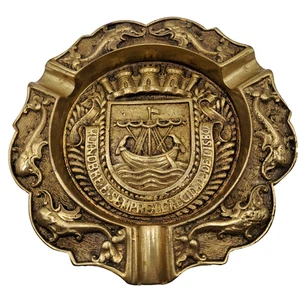 Vintage Solid Brass Ashtray Lisboa Portugal Coat of Arms Smoke Mancave Tobacco - Picture 1 of 7