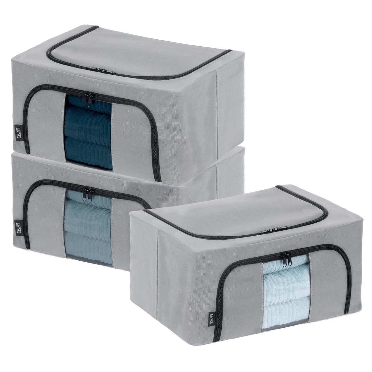 3 Pack Large Storage Tote Bags With Handles - Collapsible Moving & Organizing Bins In Navy & Grey