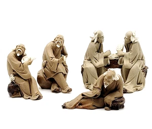 5 Chinese Mud Men 4 PIECE SET Bonsai Ceramic Clay Vintage Miniature Figurines - Picture 1 of 24