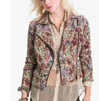 Free People Tapestry Moto Jacket Womens 2 Floral Asymmetric Full Zip Long Sleeve - Image 1 of 4