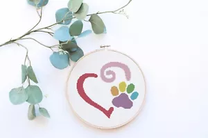 Puppy Paw Heart Rainbow Love Counted Cross Stitch Pattern - Picture 1 of 4