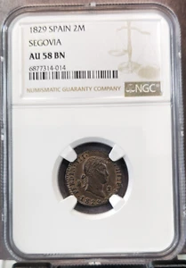 1829 SPAIN COPPER 2 MARAVEDIS SEGOVIA NGC AU 58 BN BEAUTIFUL HIGH GRADE COIN - Picture 1 of 3