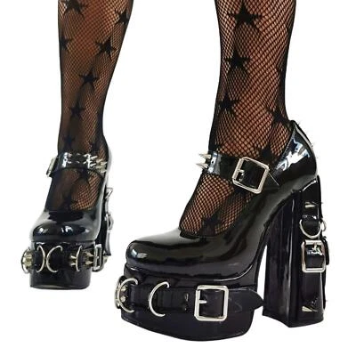 Womens Black Gothic Rivets High Platform Block Heels Punk Buckle Straps Sandals  - Image 1 of 4