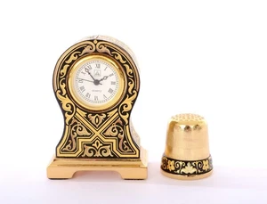 Spanish Anframa Toledo Damascene Miniature Clock Gold Inlay Dollhouse & Thimble - Picture 1 of 8