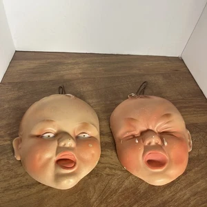 Vintage Chalkware Happy / Sad Baby Face Wall Plaques Read - Picture 1 of 7