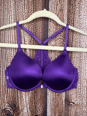 Sujetador ROSA Victoria's Secret Púrpura Encaje Espalda Corredora Cierre Frontal Push Up Talla 34C Foto 1 de 4