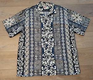 Vintage Hilo Hattie Men's Blue Floral Bark Cloth Hawaiian Button-Down Shirt XL - Picture 1 of 9