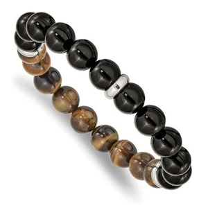 Pulsera elástica con cuentas de ágata negra y ojo de tigre cincel de acero inoxidable para hombre - Imagen 1 de 4