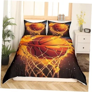 Kids 3D Basketball Duvet Cover Set Sports Game Full(No Comforter) Orange Black - Picture 1 of 8