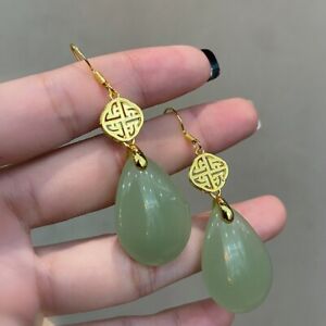 Natural Large Water Drop Retro Green Jade 18k Gold Plated Silver Hook Earrings 