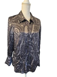 Paisley Print Silk Shirt buttons Up Grey Medium women's charter club - Picture 1 of 7