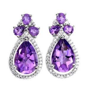 925 Sterling Silver Earrings Pear Amethyst 12x8mm Natural Gemstone Jewelry - Picture 1 of 10