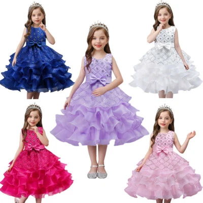 Wedding Flower Girl's Bridesmaid Ruffles Lace Cute Bow Waist Evening Dress - Image 1 of 4
