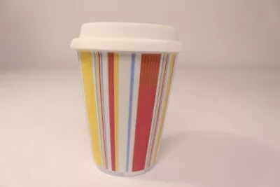 Kaffeebecher Coffee To Go Becher Porzellan Silikon Bunte Streifen 0,3l unbenutzt - Bild 1 von 4