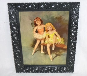 Vtg 60s Litho Print Young Girls Ballerinas by Flo In Plastic Ornate Frame 10x12" - Picture 1 of 9