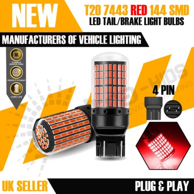 RED stop tail bulb T20 wedge W21/5W 7443 580 brake lamp 144 SMD - Image 1 of 4