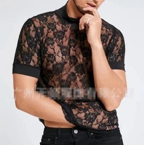 Men's Youth Fashion Mock Neck Floral See Through Short Sleeves T Shirt Tee  - Picture 1 of 7