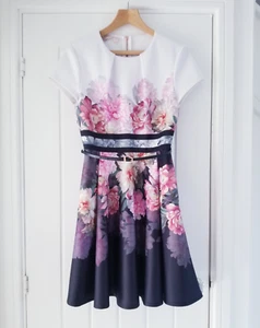 Ted Baker Valerey Painted Posie Belted Skater Dress Size 3 UK 12 White Black - Picture 1 of 13