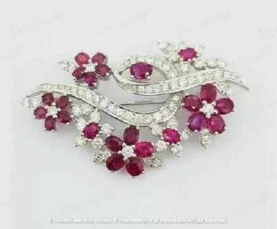 3 Ct Oval Cut Lab Created Red Ruby Floral Cluster brooch 14K White Gold Plated - Image 1 of 4