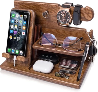 Wood Phone Docking Station-Desk or Nightstand Organizer-Key Holder-Stand Wallet  - Image 1 of 4