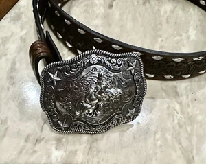 Nocona Western Belt Leather Embossed Floral Brown N4436208 Size 35 - Picture 1 of 5