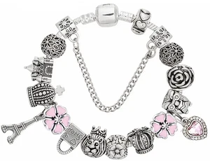 Bettelarmband Eiffelturm Shopping Paris rosa Blumen Herz europäische Perlen 19 cm - Bild 1 von 1